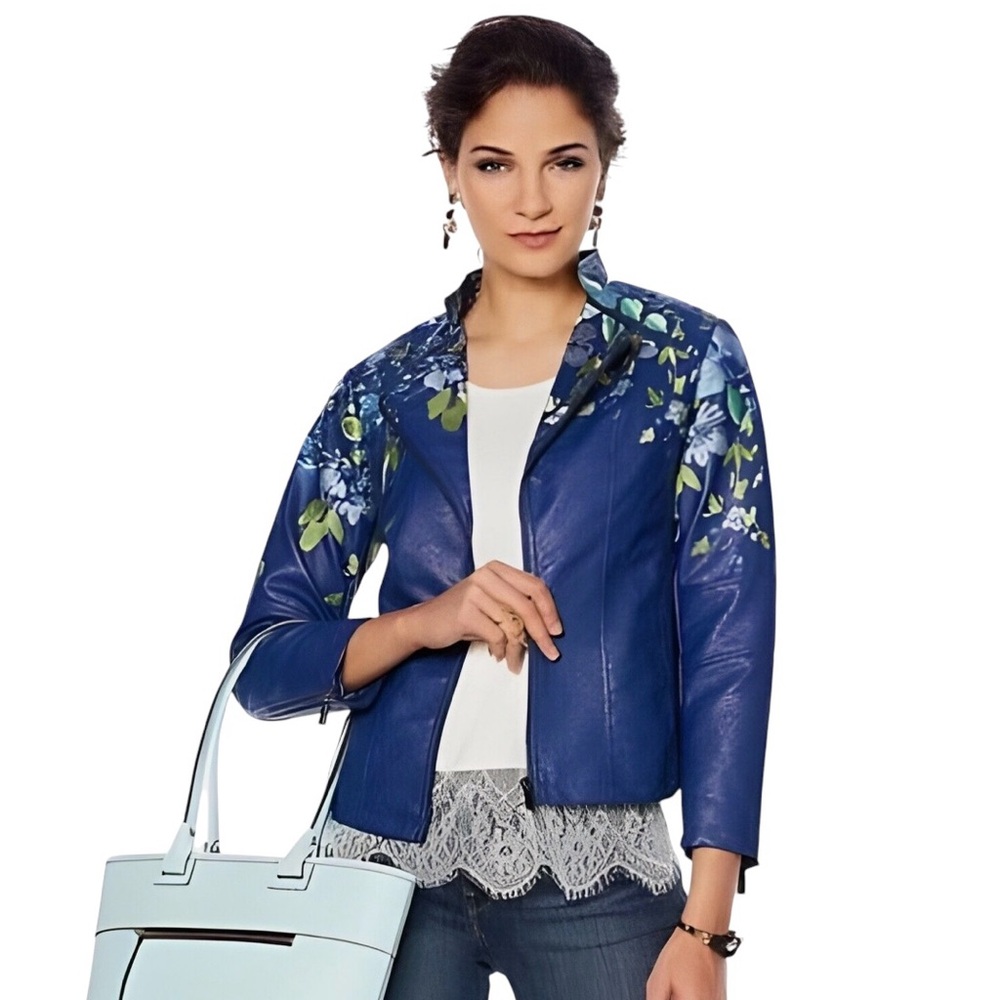 Colleen Lopez Faux Leather Floral Blue Moto Jacket